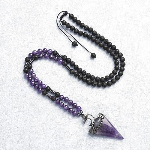 Jovivi 6mm Natural Amethyst Crystal Pendulum Necklace Lava Rock Labradorite Healing Chakra Triangle Pendulum Crystal w/Moon 25inches Adjustable thumbnail 2