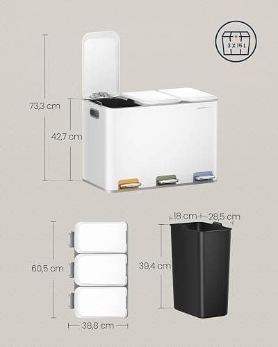 SONGMICS HOME Mülleimer Küche, 3 x 15 L Fächer, Abfalleimer mit farbcodierbaren Pedalen, Mülltrennsystem, mit Deckeln und Inneneimern, Stahl, wolkenweiß LTB740W02V1 thumbnail 5