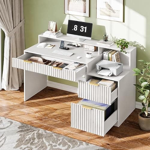 Vabches Fluted Computer Desk with Drawers, Home Office Desk with Power Outlets, Printer Stand and Storage Cabinet, Study Writing Desks with Long Monitor Stand, White thumbnail 4