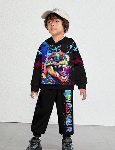 TyeSmo Toddler Boy Clothes Dinosaur Printed Hoodies Toddler Clothes for Boys Long Sleeve Sweatpants Set T-Rex Outfits 3-7t thumbnail 3