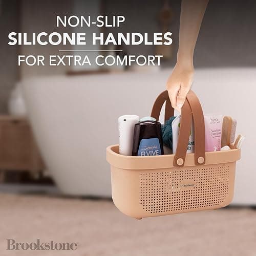 Brookstone Modern Large Portable Shower Caddy with Soft Silicone Carrying Handle, Bathroom Organizer Basket, Plastic Bath Tote and Shower Organizer, Quick Dry Drainage Holes, BPA Free, Blush thumbnail 4