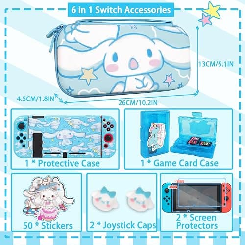 TIKOdirect Carrying Case for Switch, Cute Portable Travel Bag Accessories with Soft Protective Cover, Screen Protectors and Thumb Grip caps, Game Card Case 7in1, Blue - Switch - Blue thumbnail 6
