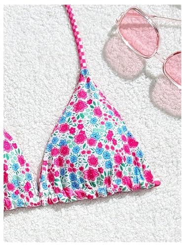 RoseSeek Girl's 2 Piece Swimsuits Floral Gingham Halter Triangle Wireless Bikini Bathing Suit thumbnail 3