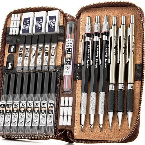 Nicpro 30 Stück Kunst Druckbleistifte Set mit Ledertasche, Metall Bleistifte 0,5, 0,7, 0,9, 2 mm mit 16 Tuben (6B 4B 2B HB 2H 4H CR) Minen (Schwarz und Farben), Zeichenstifte für Skizzieren, Zeichnen thumbnail 8