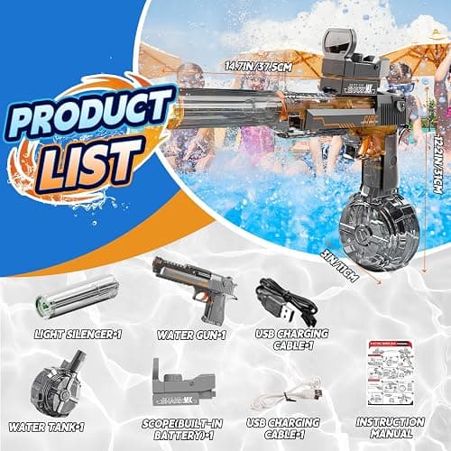UROINT Electric Water Gun Toy, Automatic Squirt Blaster Pistol Kids, Adults | Realistic LED Light-Up Long Range Pistol. Rechargeable Watergun Black Outdoor Pool Beach Ideal gift for kid 6+ adults summer. thumbnail 4