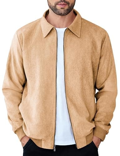 COOFANDY Men's Casual Suede Bomber Jacket Lightweight Full Zip Up Jackets Vintage Faux Leather Jacket - Image 1