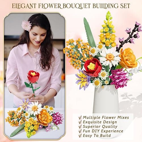 WIDELAND Flowers Bouquet Building Set, 1070PCS Artificial Plant Flower Kit Toy for Adults Kids Women Her, Wildflower Botanical Collection, Home Decor Gift for Birthday, Christmas (No Vase) thumbnail 3