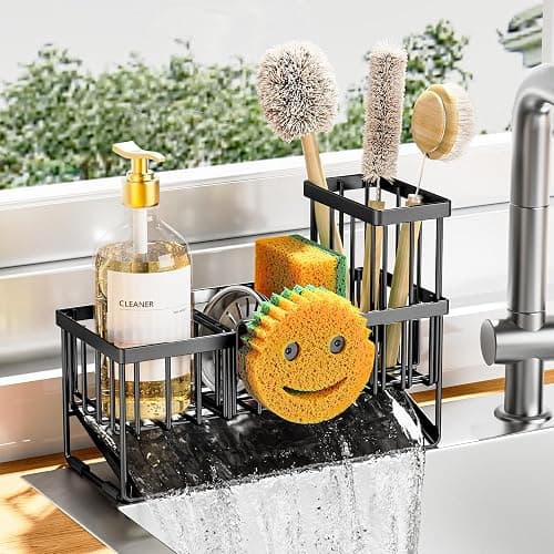 Cisily Sink Caddy With Smiley Face Sponge Holder, 304 Stainless Steel Rustproof(Black) - Image 1