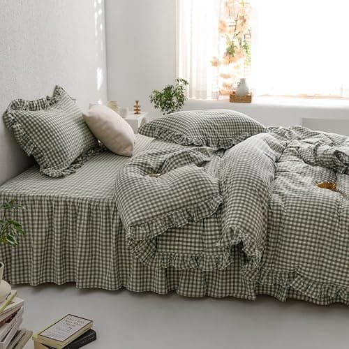 mixinni Green Ruffle Duvet Cover King Size 3 Pieces – 100% Washed Cotton, Vintage Plaid Ruffled Bedding Set with Zipper Ties, Soft Checkered Grid Farmhouse Chic Comforter Cover Set thumbnail 4