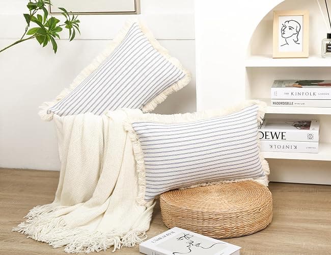 NUYECY Set of 2 Light Blue Boho Throw Pillow Covers 12 x 20,Cotton Neutral Pillow with Tassel Fringe,Decorative Lumbar Pillow Cover Pillow Case Cushion Cover for Bed Sofa Couch Farmhouse thumbnail 2