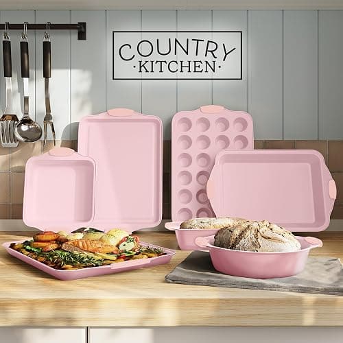 Country Kitchen Nonstick Stackable Bakeware Set - Heavy Duty, Durable, Easy Release Baking Set, Pink, 10 Pcs thumbnail 2
