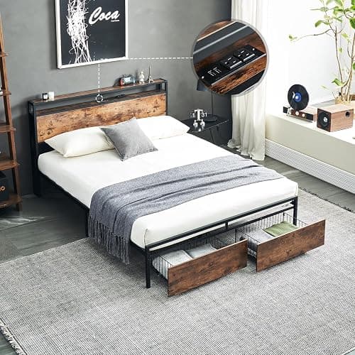 Eifizek Queen Size Bed Frame with Storage Headboard & Charging Station, Platform Bed Frame with Drawers, No Box Spring Needed, Easy Assembly (Brown) - Image 1