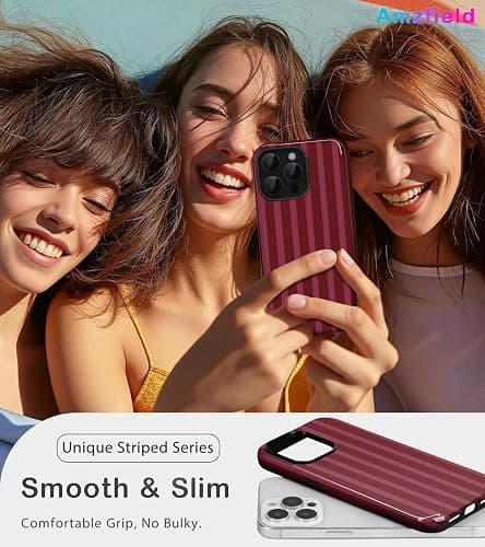 Amzfield for iPhone 12 Pro Max Cute Striped Phone Case, Wine | Stripes Phone Case, Summer Aesthetic Design for Women Girls Fall Chic Girly Pretty Dual Layer Hybrid Protection Elegant thumbnail 6