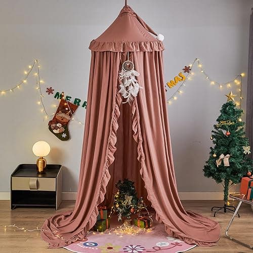 VETHIN Bed Canopy for Girls,Princess Round Dome Dreamy Mosquito Net Bedding Girls Room Castle Play Tent Hanging House Decor Reading Nook Canopies (JujubeRed) thumbnail 6