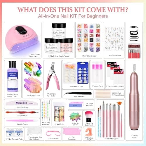 Acrylic Nail Kit Starter Set Acrylic Powder with Nail Drill U V Light Professional Tools with Decoration Everything for Beginners Home Salon Gifts (Clear/White/Nude) thumbnail 2