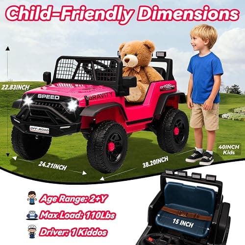 Blissride 24V Jeep Power Wheels w/Remote Control, 4WD Ride on Truck Car, 3 Speed, Bluetooth Music, Wide Seat, Spring Suspension, LED Light, Birthday for Boys Girls Toddler (Black+Pink) thumbnail 5