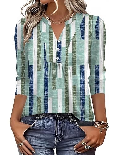 IECCP 3/4 Length Sleeve Womens Tops Dressy Casual Henley V-Neck Summer Tops | Business Casual Outfits,Cute Pleated T-Shirts,Loose Fit Tunics,Soft Lightweight Basic Tees,Work Blouses,2026 Fashion Clothes thumbnail 2