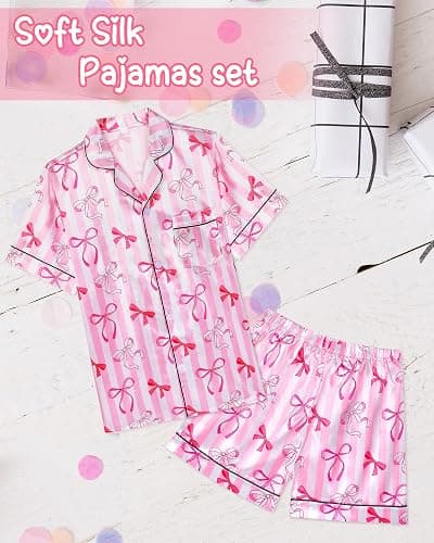 Sylfairy Girls Pajamas Silk PJS Set Pink Bow Satin Sleepwear Short Sleeve Jammies for Kids Button-Down Nightwear size 7-14 thumbnail 4
