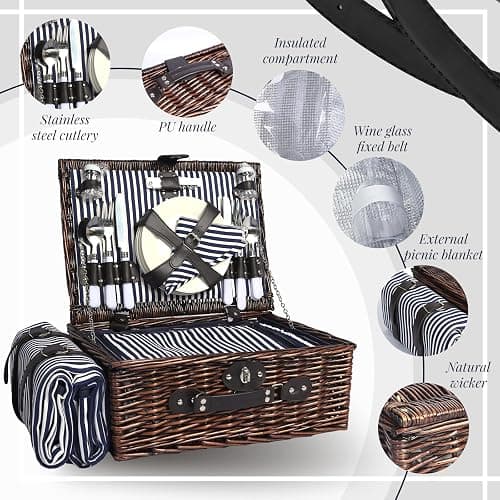 YPshuye Picnic Basket Set for 4 with Waterproof Blanket Mat Insulation Bag Wicker Navy Blue Vintage Classic Gift for Christmas Thanksgiving Wedding Birthday Camp Outdoor Beach Travel thumbnail 6