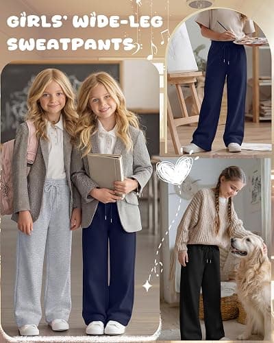 LessonZoo Teen Girls Sweatpants Wide Leg Drawstring Lounge Pants Straight Leg Athletic Trousers with Pockets Size 5-14 thumbnail 2