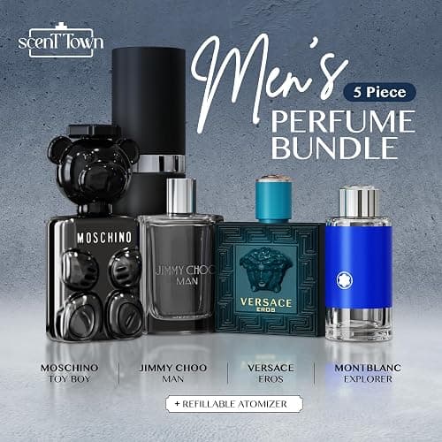 Scentown Mens Cologne Gift Sets Mini Bottle – Designer Mens Cologne Sampler Sets with Empty Refillable Atomizer – Box Includes Versace, Moschino, Mont Blanc, Jimmy Choo Travel Size (0.17 Oz Each) thumbnail 3