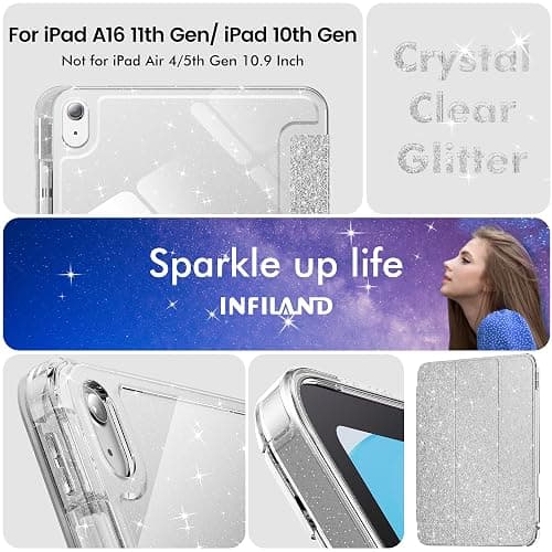 INFILAND Compatible with iPad A16 11th Generation 11 Inch 2025 Case, iPad Case 10th Generation 10.9 Inch, Glitter Cover with Sparkly Clear Back, Pencil Holder, for Kids Girls, Silver thumbnail 8