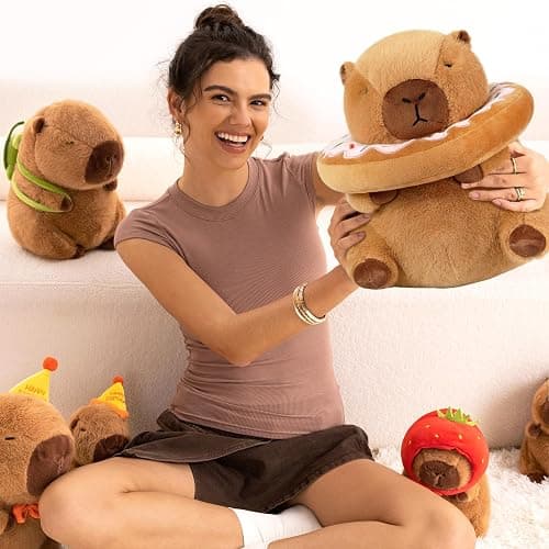 Ditucu Cute Capybara Plush Pillow with Wearable Donut Headgear Stuffed Animal Food Capibara Plushies Toys Gifts for Kids Brown 11 inch thumbnail 2