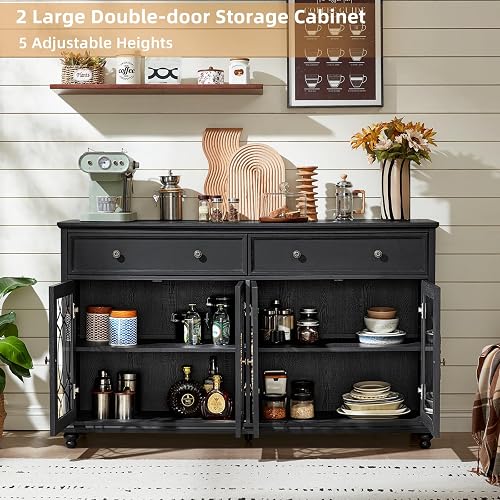 Joaxswe Farmhouse Sideboard Buffet Cabinet with Storage,59" Large Credenza with 4 Glass Doors & 2 Drawers,Adjustable Shelves Console Table,Wood Kitchen Coffee Bar for Dining Room,Living Room,Black thumbnail 7