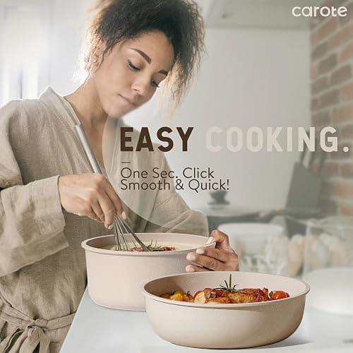 CAROTE 19pcs Pots and Pans Set Non Stick, Nonstick Cookware Set Detachable Handle, Induction Kitchen Cooking Sets with Removable Handle, RV Kitchen, Oven Safe, Taupe thumbnail 2