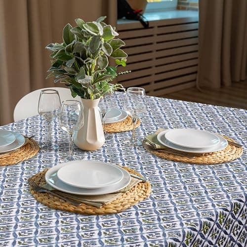 Newtay 60'' x 90'' Hand Block Print Mahjong Table Cloth Square Cotton Floral Tablecloth Washable Print Rectangle Table Cover with Dust Proof for Kitchen Dining Party(60'' X 90'',Light Steel,Blue) thumbnail 2