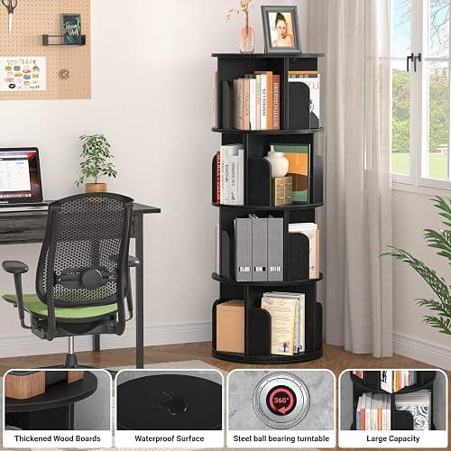Aheaplus Rotating Bookshelf, 360 Revolving Bookshelf Tower for Small Space, 4 Tier Floor Standing Bookcase Storage Rack, Wood Narrow Book Shelf Organizer for Bedroom, Living Room, Study Room, Black thumbnail 4