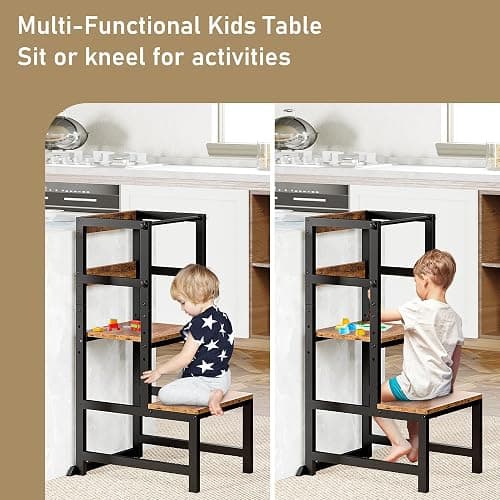 INNOD Kitchen Step Stool for Toddlers, Height Adjustable Toddler Tower with Safety Rail, Steel and Wood Toddler Kitchen Stool Helper Kids, Stool for Kids, Learning Tower, Kids' Desk Brown - Wood thumbnail 7
