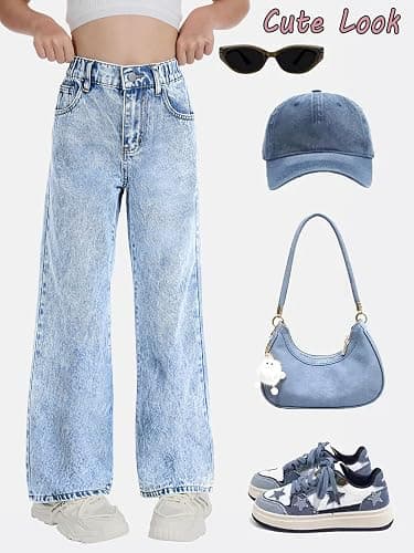 Fulihug Girls Wide Leg Jeans Baggy Bow Embroidery High Elastic Waist Denim Pants Cute Y2K Trendy Tween Streetwear 8-16Y thumbnail 5