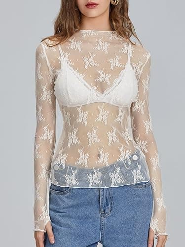KMBANGI Women's Mesh Lace Long Sleeve Top Mock Neck Sheer Layering Tops thumbnail 3