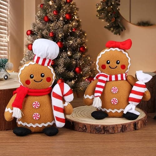BWFY Christmas Gingerbread Man Plush Toys Set of 2, Festive Gingerbread Couple Stuffed Animals with Candy Props, Xmas Decorations & Gifts, Christmas Holiday Home Decor thumbnail 7