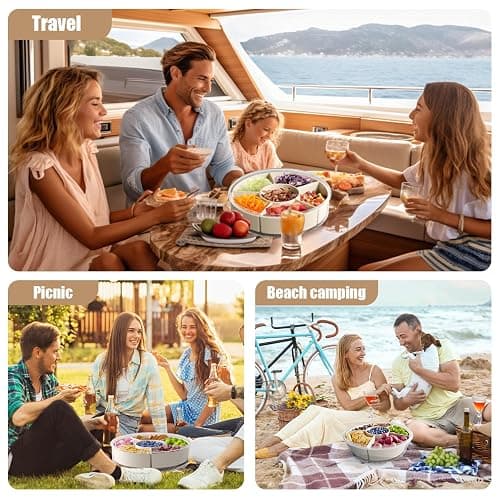 Divided Serving Tray with Lid and Handle,Large Snack Spinner,Snackle Box Container, Multi-purpose Food Platter for Charcuterie Veggie Fruit, Taco Tuesday Movie Night Travel Beach Picnic Essentials - White - 11.4" thumbnail 5