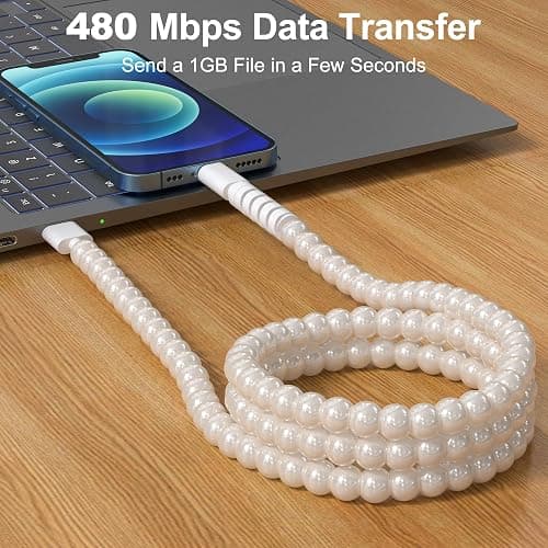 XNMOA USB to USB C Cable 3.3FT 60W White Pearl USB iPhone Charger Cord Beaded Phone Type C Charger Fast Charging Cable Cord for iPhone 17 16 15 Plus Pro Max 17 Air 16E Samsung Galaxy S25 S24 S23 thumbnail 3