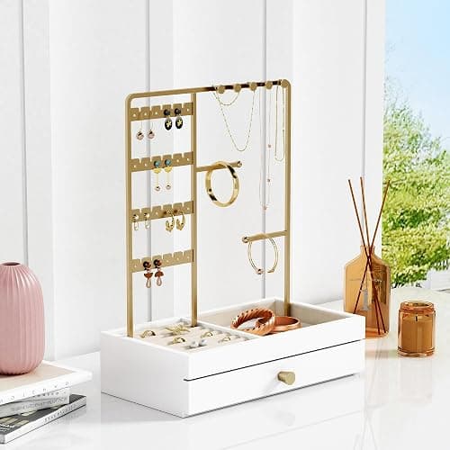 Goozii Gold Jewelry Stand Organizer Necklace Holder, Birthday Gifts for Women Girls, Small Jewelry Stand for Earrings Rings Bracelets, Velvet Jewelry Hanger Tree, Mothers Day Gifts - White and Gold thumbnail 3