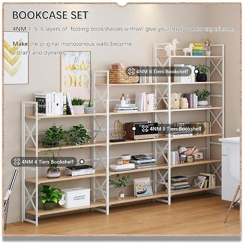 4NM Extra Wide 6 Tiers No Assembly Book Shelves, 61.8" H Folding Bookshelf Bookcase Open Industrial Foldable Shelves for Bedroom, Living Room, Home Office - Natural White thumbnail 5
