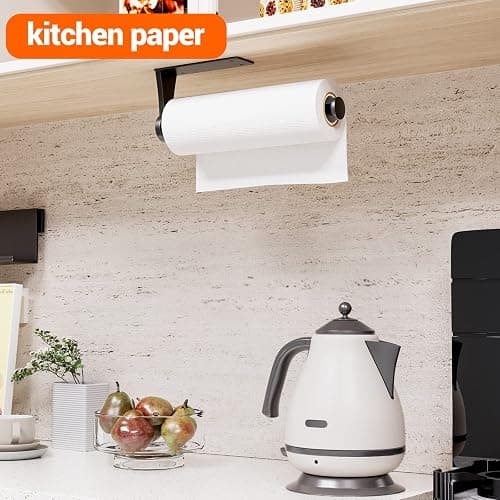 Paper Towel Holder Under Cabinet, Single Hand Operable Wall Mount with Damping Effect, Self-Adhesive or Drilled for Kitchen Bathroom, Black thumbnail 2