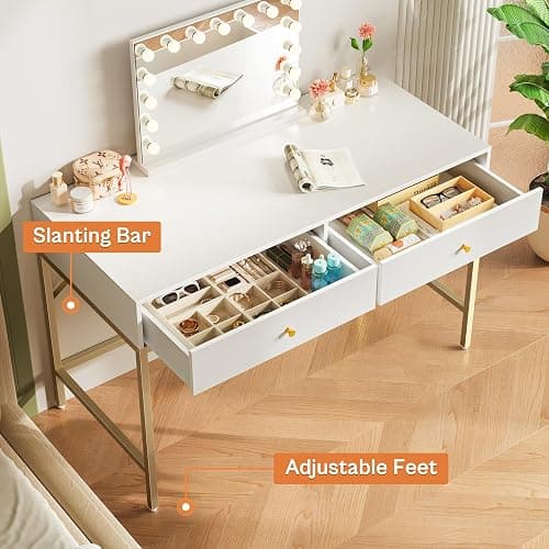 SUPERJARE Vanity Desk with Drawers, 47 inch Computer Desk, Modern Simple Home Office Desks, Makeup Dressing Table for Bedroom - White and Gold, 7997G thumbnail 6