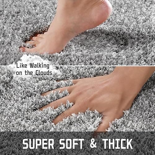 Yimobra Bathroom Rug Set 2 Piece, Soft Absorbent Microfiber Bath Mat Set, Non Slip Machine Washable Dry, Plush Shaggy Shower Rugs for Bathroom Floor, 32"x20"+24"x17", Light Gray and White thumbnail 4