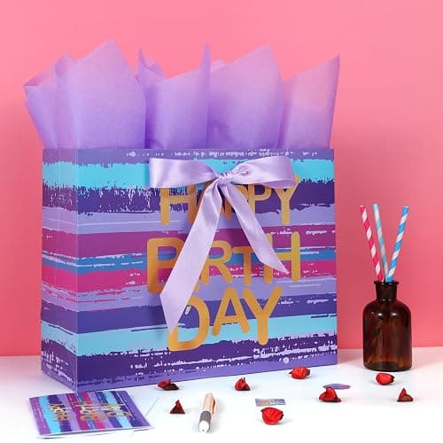 13" Large Purple-blue Multicolor Watercolor Gift Bag Set with Greeting Card and Lavender Tissue Papers (Gold Foil ‘Happy Birthday’) for Women's or Men's Birthday Party, Girls', Boys' or Kids' Party, thumbnail 5