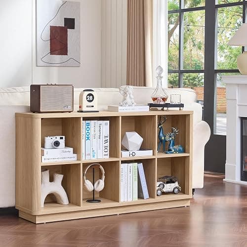 Joaxswe 8 Cube Storage Book Shelf, 52" Long Horizontal Bookshelf with Curved Edge, Floor Standing Wooden Cubby Bookcase with Base, Modern Low Console Book Case, TV Stand for Living Room, Natural Oak thumbnail 6