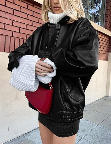 PRETTYGARDEN Women's Faux Leather Motorcycle Jacket Trendy Fall Spring Clothes Oversized Zip Up Winter Coat Outerwear thumbnail 5