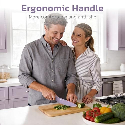 Astercook Knife Set, 13 Pieces Kitchen Knives Set with Healthy Anti-Rust Coating, Dishwasher Safe, Stainless Steel Chef Knife Sets with 6 Blade Guards, Perfect Holiday Gifts for Kitchen Purple thumbnail 2