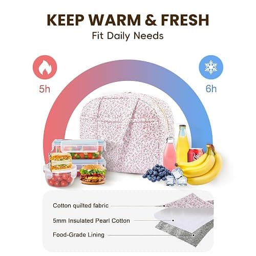 WOBAGMEN Quilted Lunch Box for Women,Cute Pink Floral Lunch Bags for Work, School,Office,Picnic,Travel (pink floral) thumbnail 4