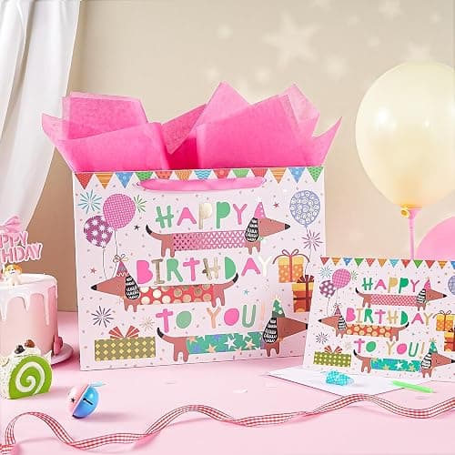 WRAPAHOLIC 13" Large Dog Birthday Gift Bag with Card and Tissue Paper - Gold Foil Dachshund Dogs Happy Birthday Bag for Girl Boy Kids, Baby Shower thumbnail 4