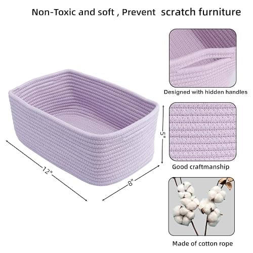 XUANGUO Small Woven Storage Baskets for Shelves, 12" x 8" x 5", Purple | Decorative rope storage bins for closets and toy storage; cute organizer baskets, empty gift baskets and nursery storage. thumbnail 3