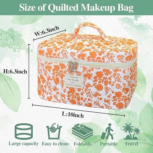 WYJ Orange Large Quilted Floral Makeup Bag Cute Soft Coquette Aesthetic Cosmetic Bag Cotton Travel Toiletry Bag for Women thumbnail 3